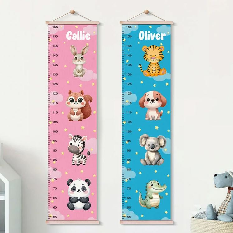Personalized Stars Clouds Cute Zebra Tiger Forest Animals Hanging Growth Chart with Name Nursery Room Decor Birthday Christmas Gift for Boys Girls