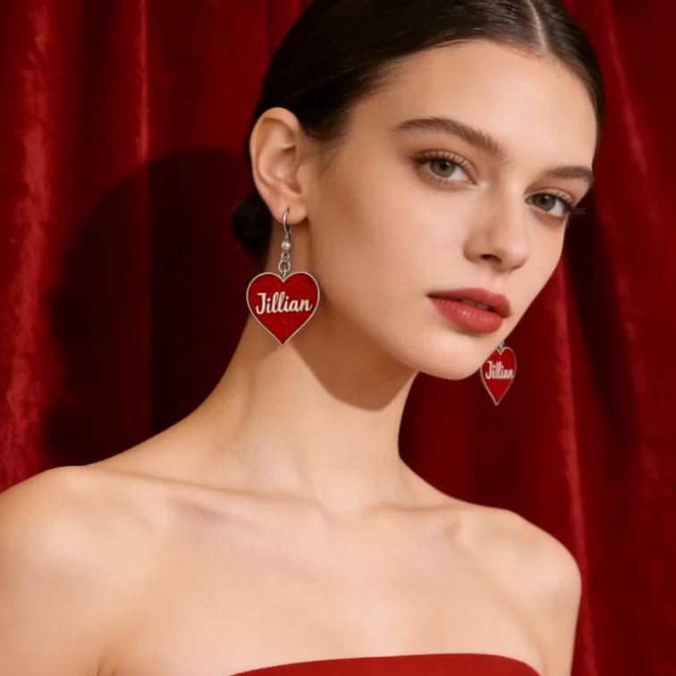 Personalized Sparkling Heart Earrings Custom Name Romantic Gift for Her
