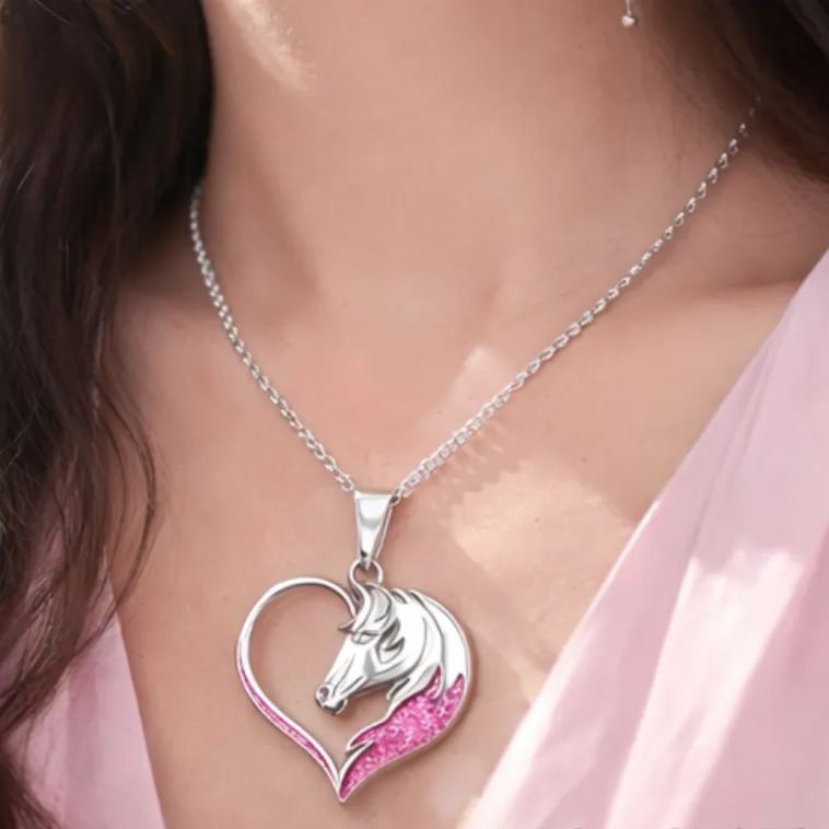 Personalized Horse Head Heart Pendant Necklace Custom Name Unique Holiday Gift for Couples