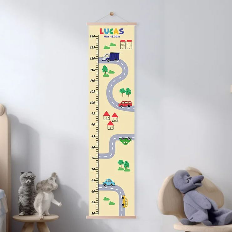Personalized Vehicle on the Road Transportation Kid Growth Height Chart with Name and Date Bedroom Decor Birthday Gift for Baby Kid