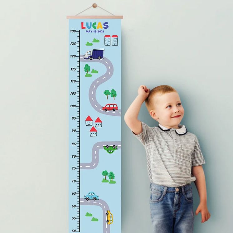 Personalized Vehicle on the Road Transportation Kid Growth Height Chart with Name and Date Bedroom Decor Birthday Gift for Baby Kid
