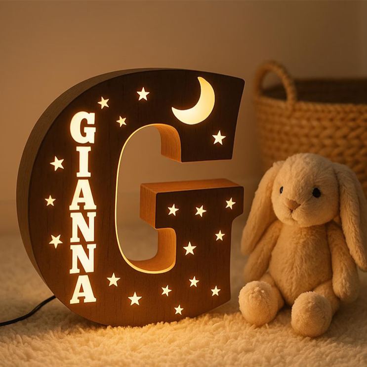 Personalized Letter Theme Custom Name Soft Yellow Glow Decorative Initial Shape Wooden Night Light