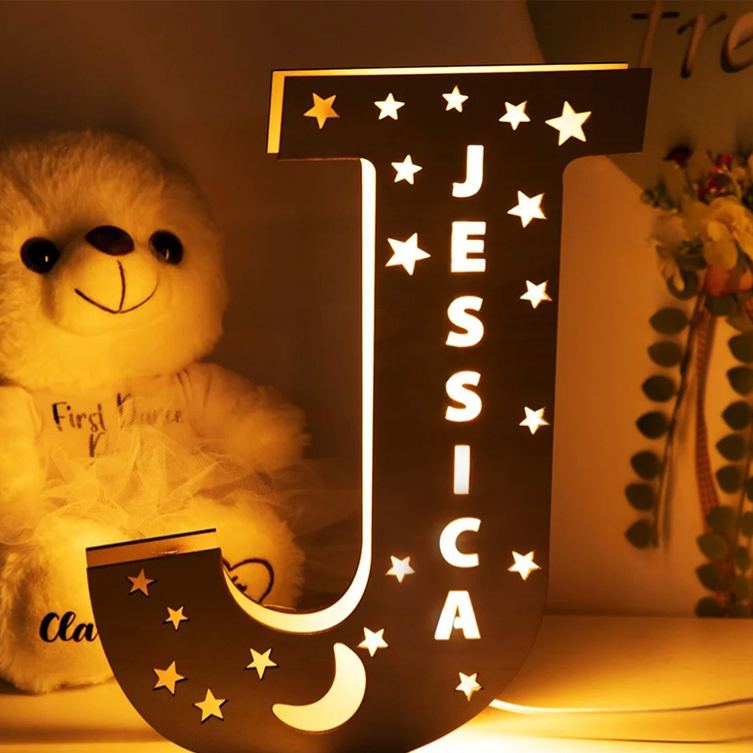 Personalized Letter Theme Custom Name Soft Yellow Glow Decorative Initial Shape Wooden Night Light