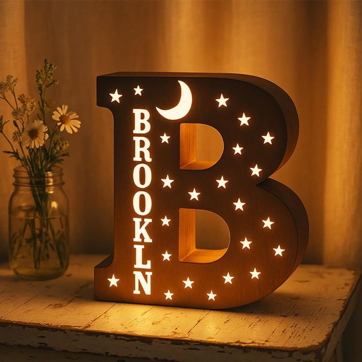 Personalized Letter Theme Custom Name Soft Yellow Glow Decorative Initial Shape Wooden Night Light