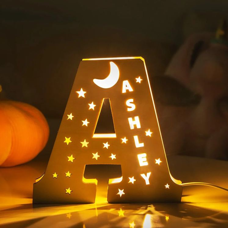 Personalized Letter Theme Custom Name Soft Yellow Glow Decorative Initial Shape Wooden Night Light