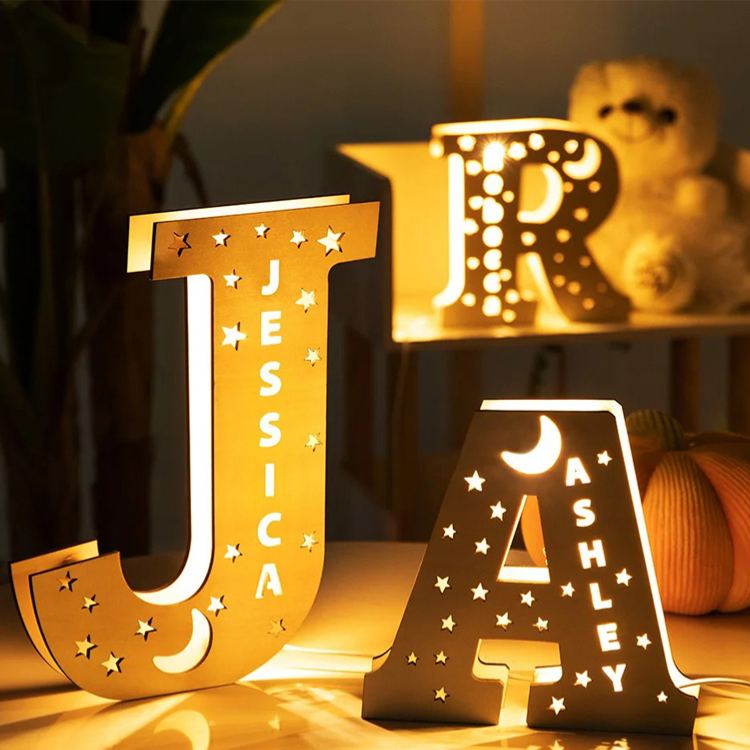 Personalized Letter Theme Custom Name Soft Yellow Glow Decorative Initial Shape Wooden Night Light