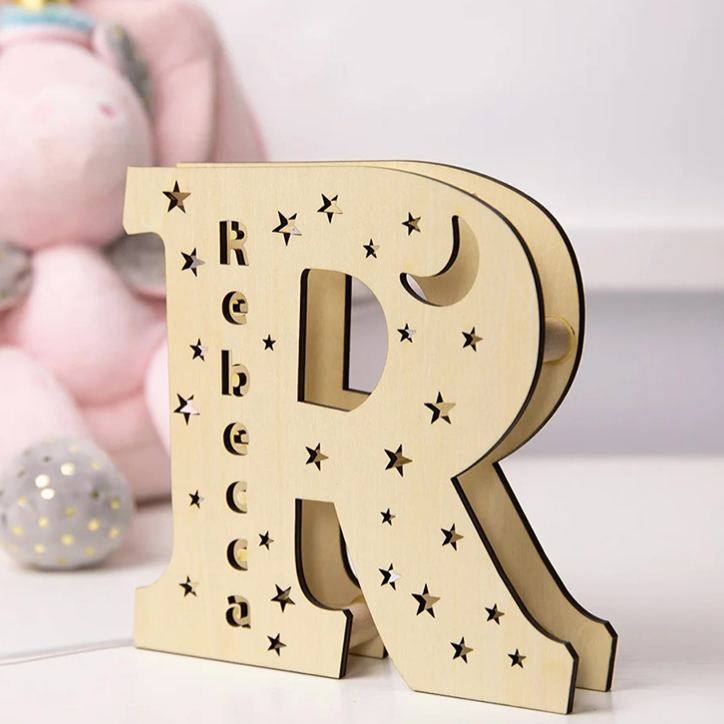 Personalized Letter Theme Custom Name Soft Yellow Glow Decorative Initial Shape Wooden Night Light