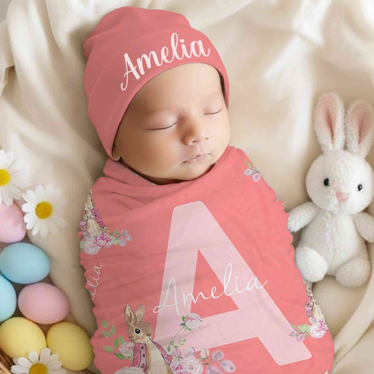 Personalized Name Peter Rabbit Bunny Alphabet Receiving Blanket with Hat Swaddle Hat Set for Baby Girl Boy Birthday Baby Shower Easter Gift for Newborns
