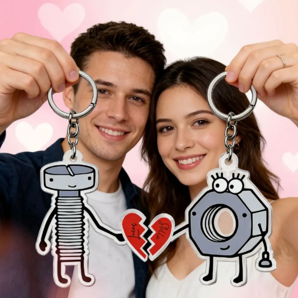Personalized Nut and Bolt Couple Keychain Custom Names Unique Holiday Gift for Couples