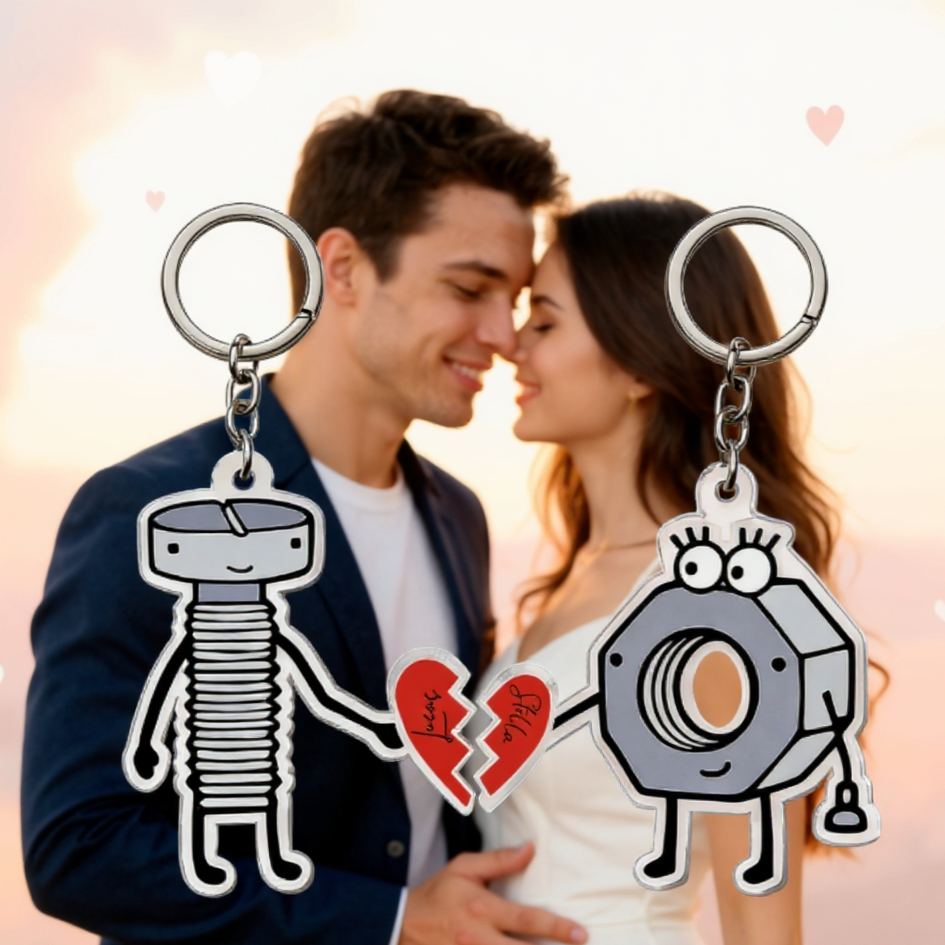Personalized Nut and Bolt Couple Keychain Custom Names Unique Holiday Gift for Couples
