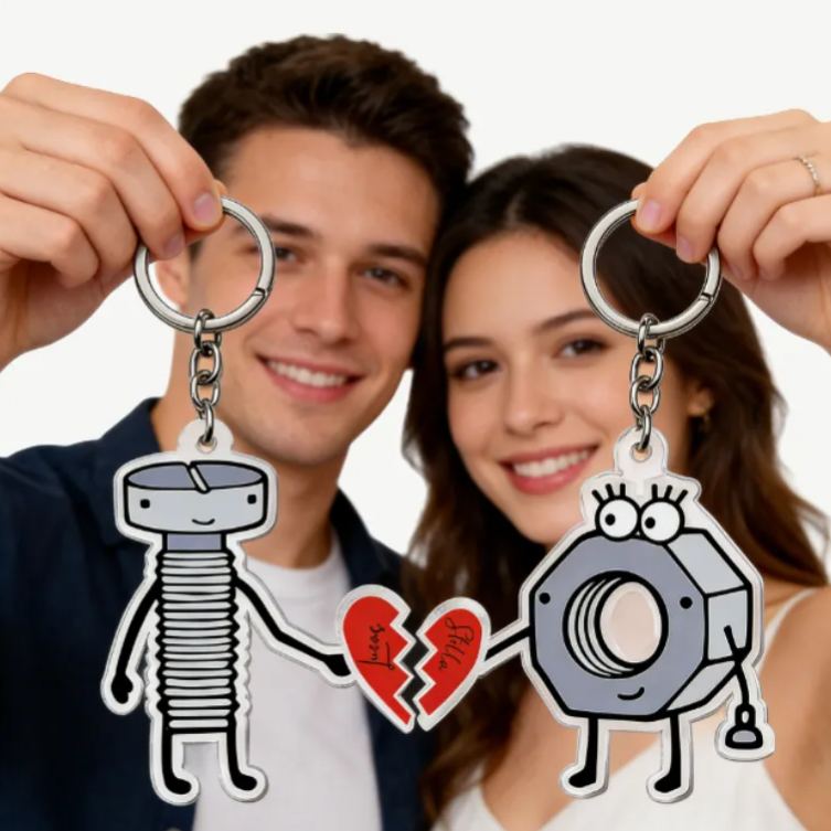 Personalized Nut and Bolt Couple Keychain Custom Names Unique Holiday Gift for Couples