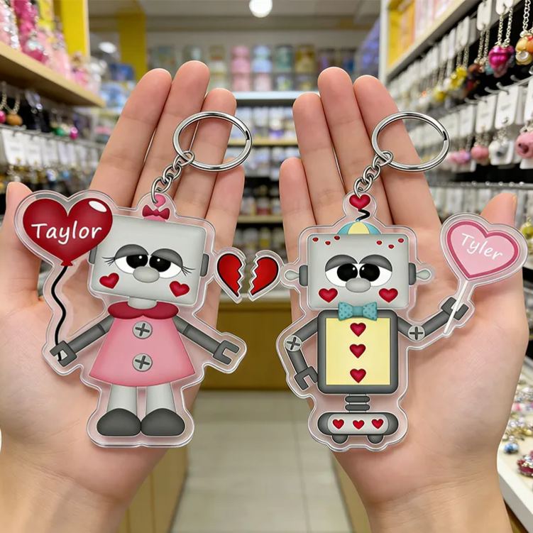 Personalized Love and Robot Keychain Custom Couple Names Unique Holiday Gift for Couples