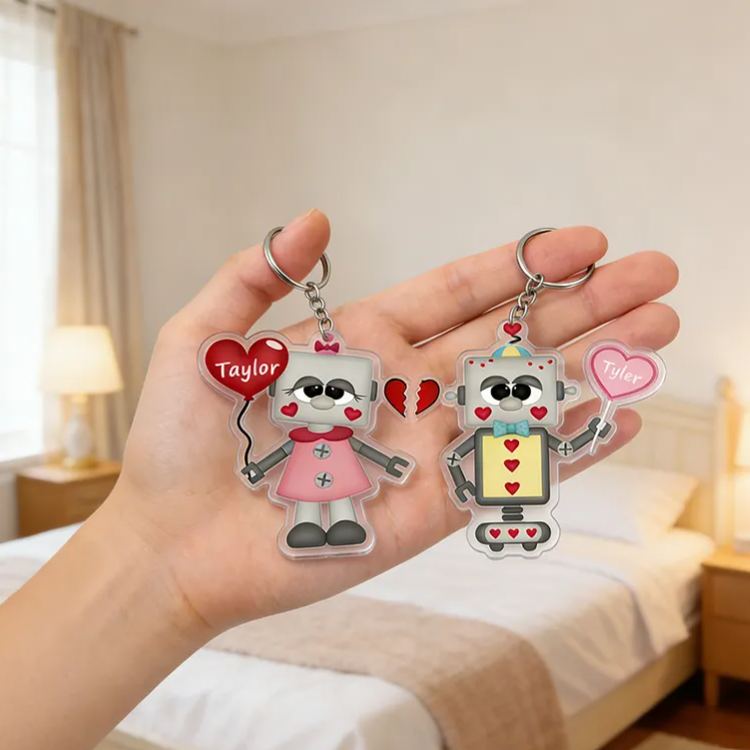 Personalized Love and Robot Keychain Custom Couple Names Unique Holiday Gift for Couples