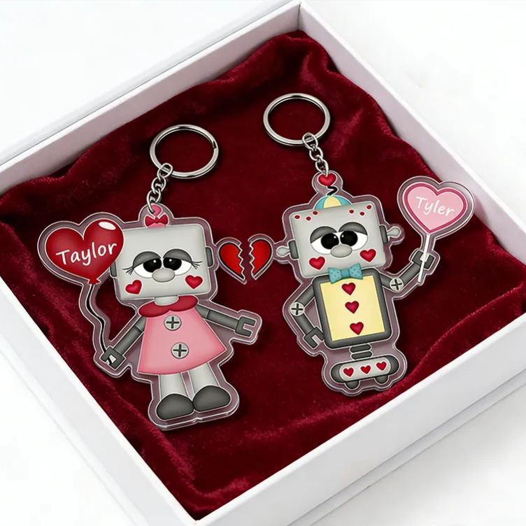 Personalized Love and Robot Keychain Custom Couple Names Unique Holiday Gift for Couples