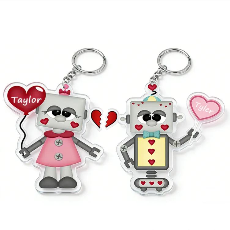 Personalized Love and Robot Keychain Custom Couple Names Unique Holiday Gift for Couples