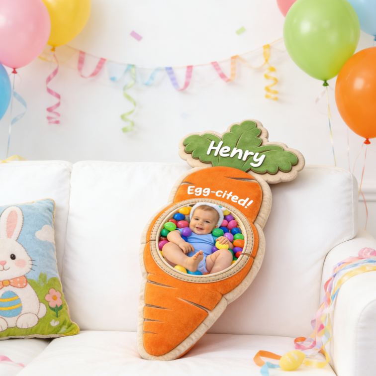 Personalized Funny Easter Carrot Shaped Pillow Custom Photo and Name Holiday Gift for Kids
