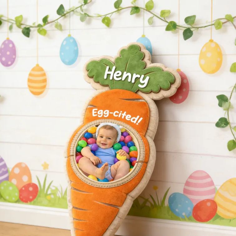 Personalized Funny Easter Carrot Shaped Pillow Custom Photo and Name Holiday Gift for Kids