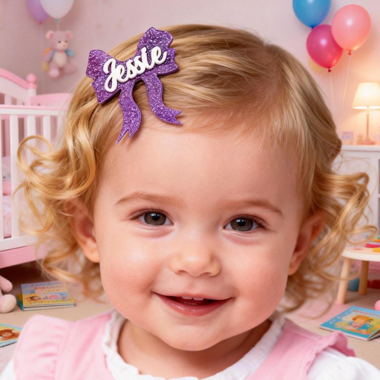 Personalized Bow Theme Custom Name Pink Glitter Ribbon Shape Cute Style Acrylic Hair Clip