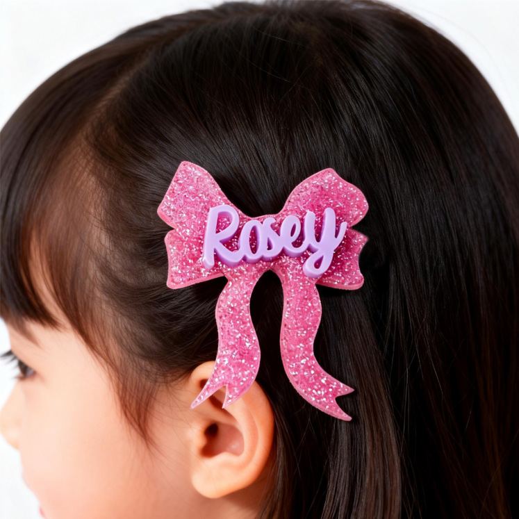 Personalized Bow Theme Custom Name Pink Glitter Ribbon Shape Cute Style Acrylic Hair Clip