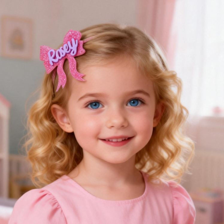 Personalized Bow Theme Custom Name Pink Glitter Ribbon Shape Cute Style Acrylic Hair Clip