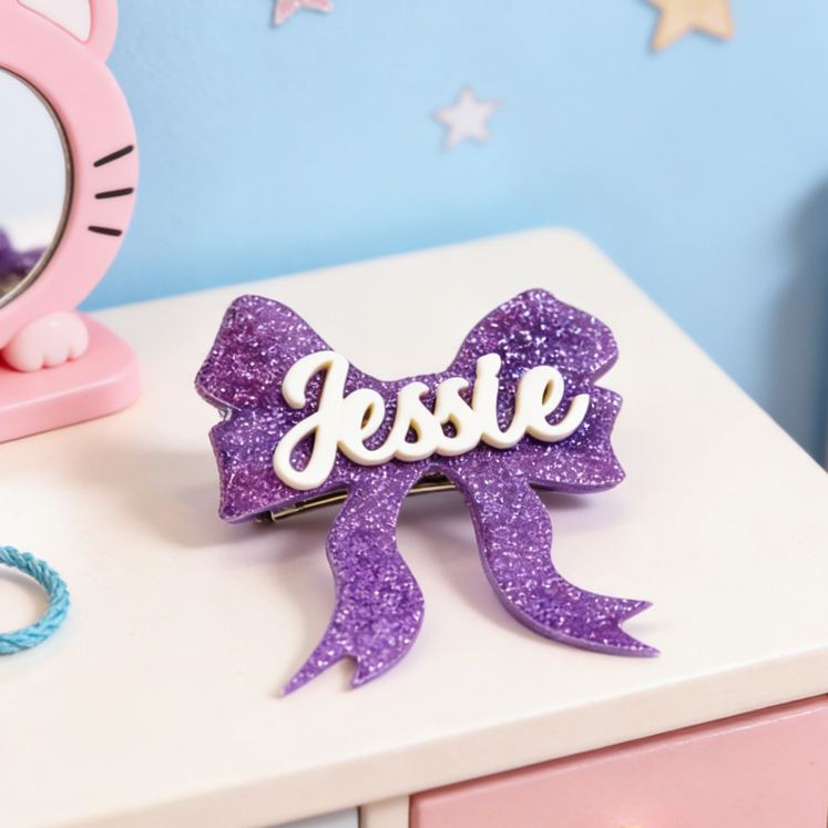 Personalized Bow Theme Custom Name Pink Glitter Ribbon Shape Cute Style Acrylic Hair Clip