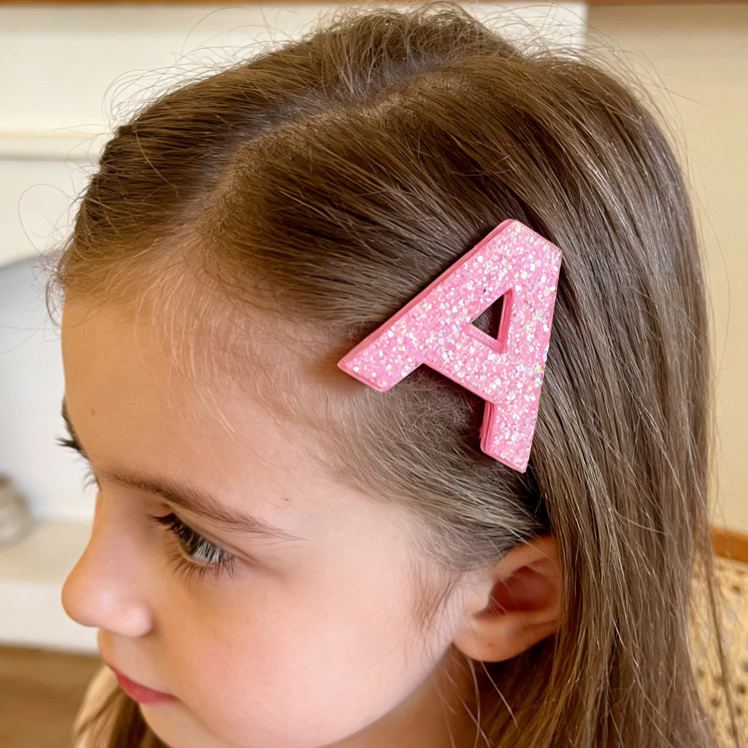 Personalized Initial Theme Custom Name Initial Glitter Font Pink Tone Acrylic Hair Clip