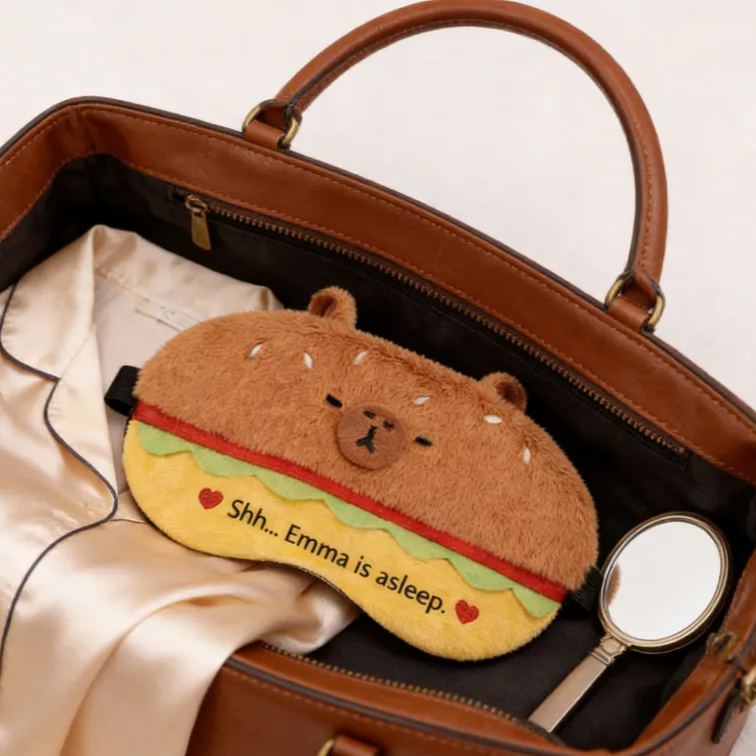 Personalized Funny Burger Bear Shaped Sleep Mask Custom Text All Day Use Comfort Sleep Buddy