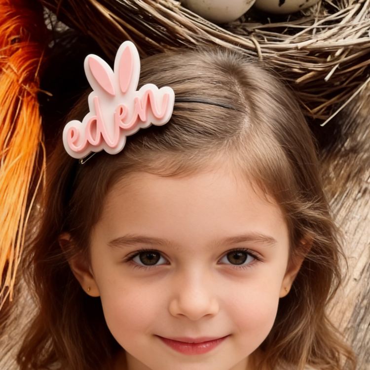 Personalized Bunny Theme Custom Name Adorable Rabbit Ear Pastel Pink Font Acrylic Hair Clip