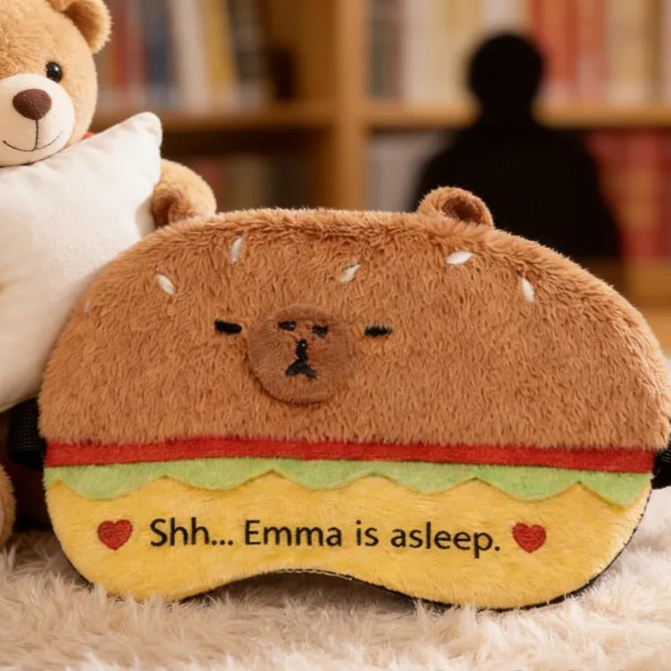 Personalized Funny Burger Bear Shaped Sleep Mask Custom Text All Day Use Comfort Sleep Buddy