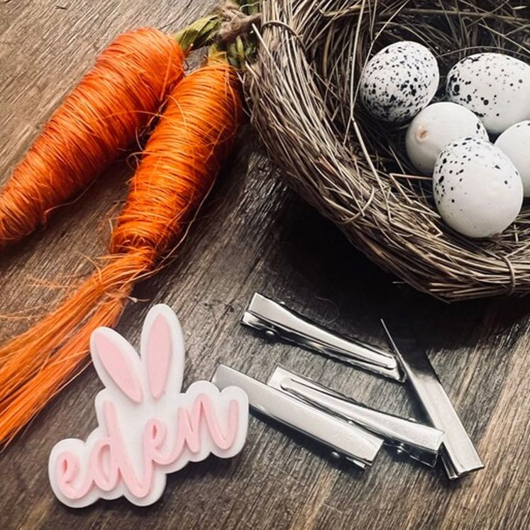 Personalized Bunny Theme Custom Name Adorable Rabbit Ear Pastel Pink Font Acrylic Hair Clip