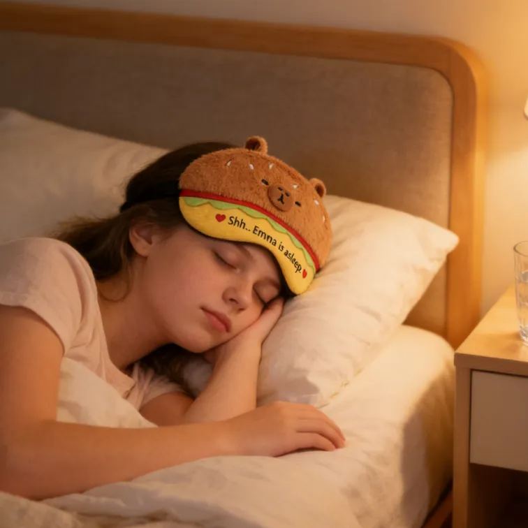 Personalized Funny Burger Bear Shaped Sleep Mask Custom Text All Day Use Comfort Sleep Buddy