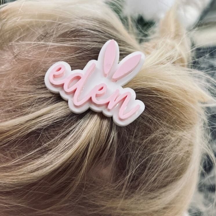 Personalized Bunny Theme Custom Name Adorable Rabbit Ear Pastel Pink Font Acrylic Hair Clip