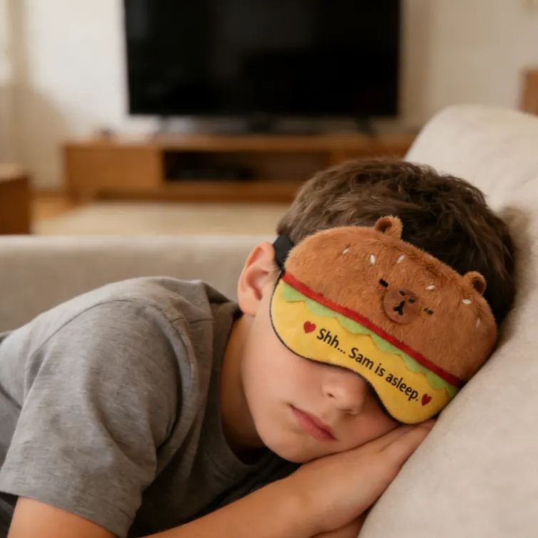 Personalized Funny Burger Bear Shaped Sleep Mask Custom Text All Day Use Comfort Sleep Buddy