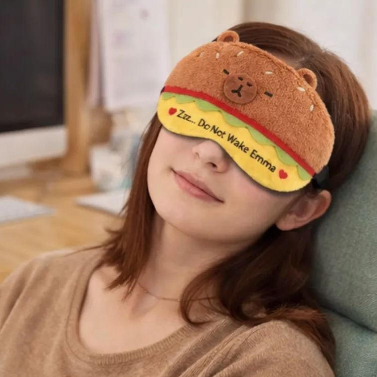 Personalized Funny Burger Bear Shaped Sleep Mask Custom Text All Day Use Comfort Sleep Buddy