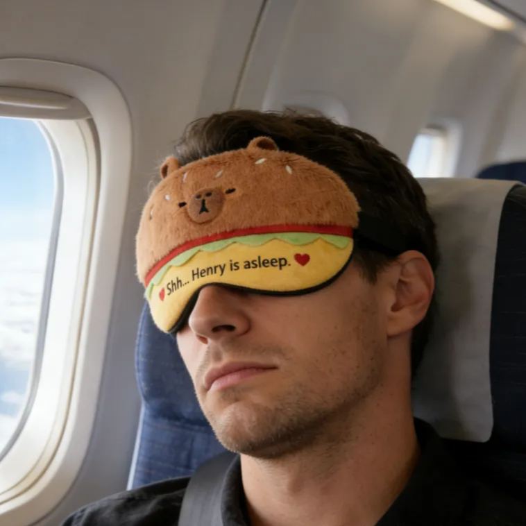 Personalized Funny Burger Bear Shaped Sleep Mask Custom Text All Day Use Comfort Sleep Buddy