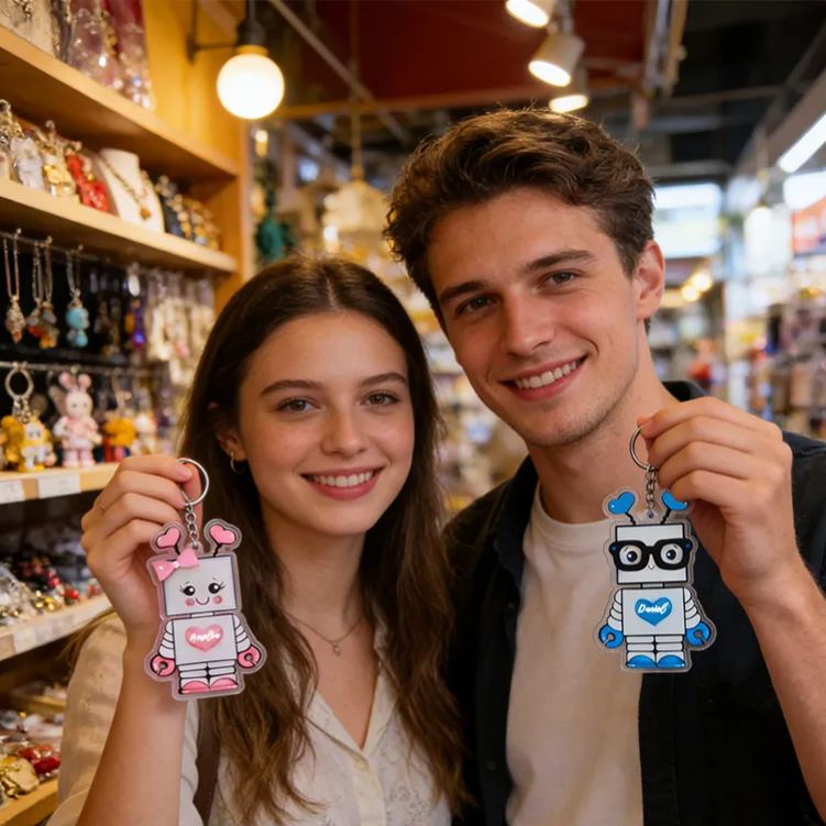 Personalized Cute Robot Couple Keychain Custom Couple Names Adorable Holiday Gift for Couples