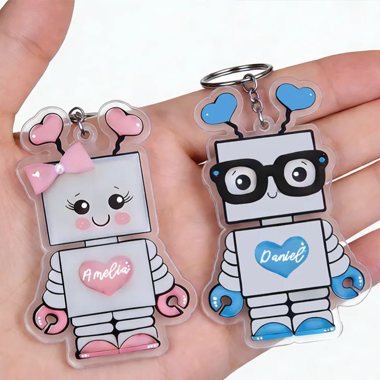 Personalized Cute Robot Couple Keychain Custom Couple Names Adorable Holiday Gift for Couples