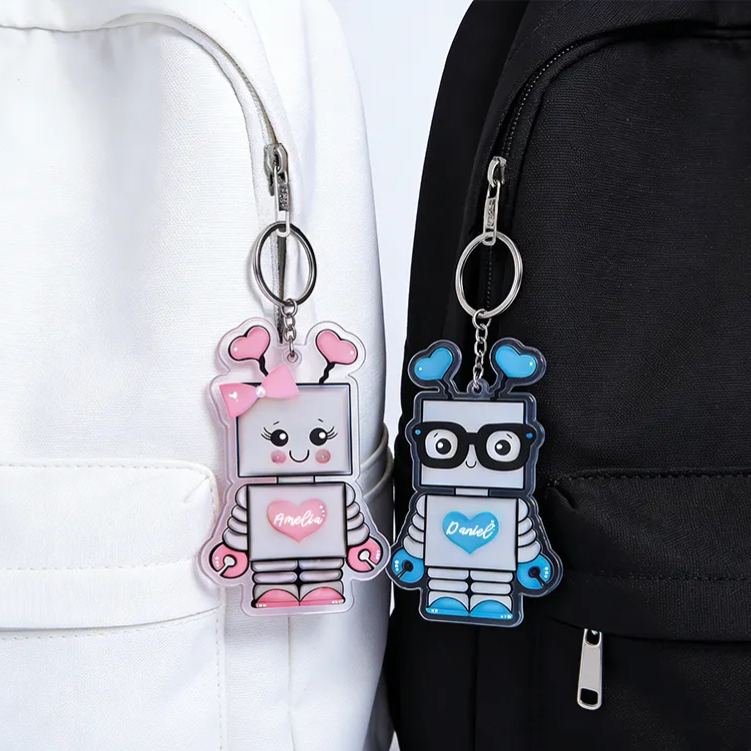 Personalized Cute Robot Couple Keychain Custom Couple Names Adorable Holiday Gift for Couples