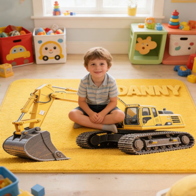 Personalized Fun Construction Theme Custom Name Heavy Equipment Vehicle Design Carpet Rug for Kids