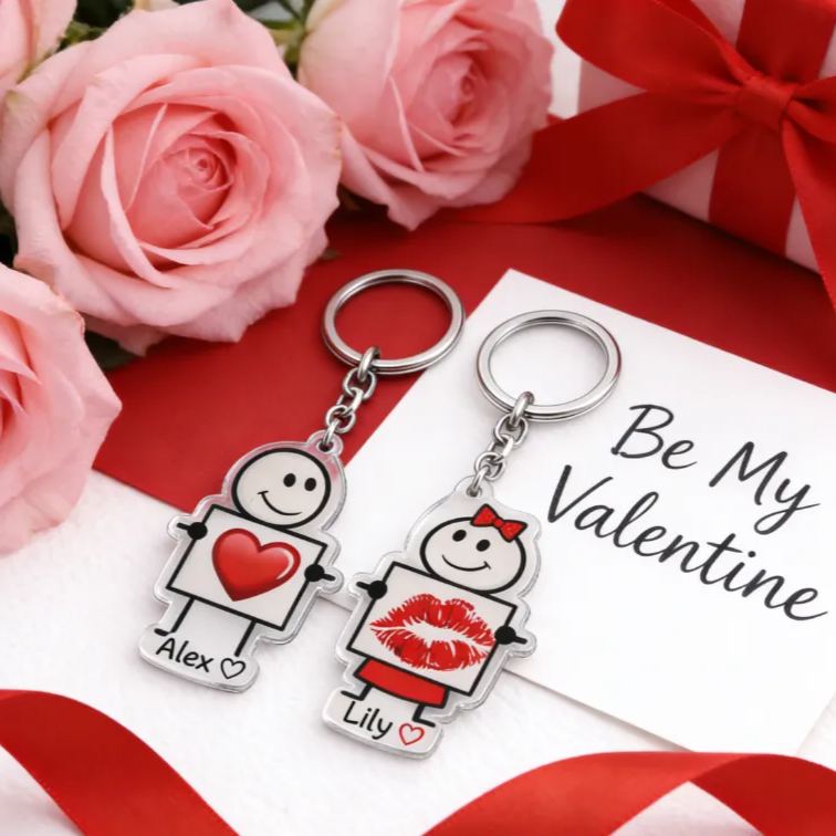 Personalized Minimalist Stick Figures Couple Keychain Custom Names Expressing Love Symbolic Holiday Gift for Couples