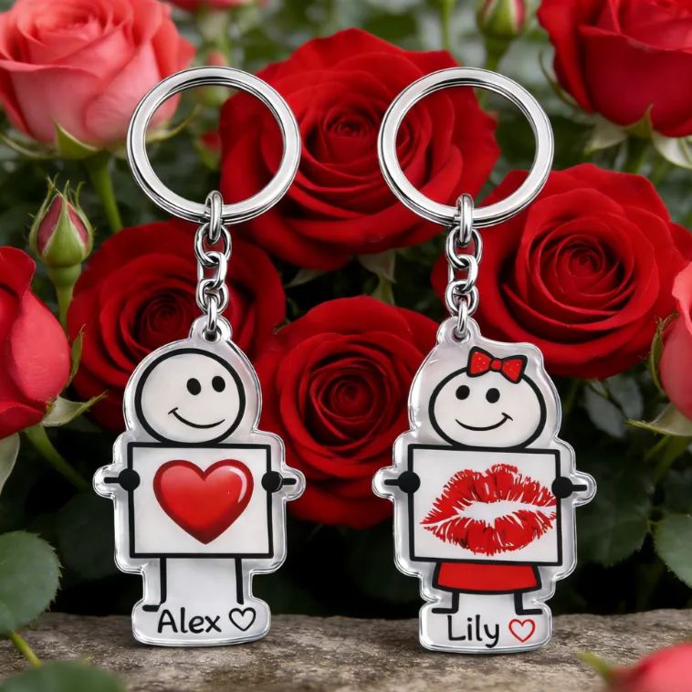 Personalized Minimalist Stick Figures Couple Keychain Custom Names Expressing Love Symbolic Holiday Gift for Couples