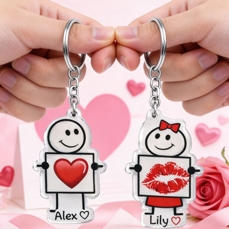 Personalized Minimalist Stick Figures Couple Keychain Custom Names Expressing Love Symbolic Holiday Gift for Couples