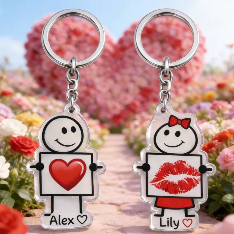 Personalized Minimalist Stick Figures Couple Keychain Custom Names Expressing Love Symbolic Holiday Gift for Couples