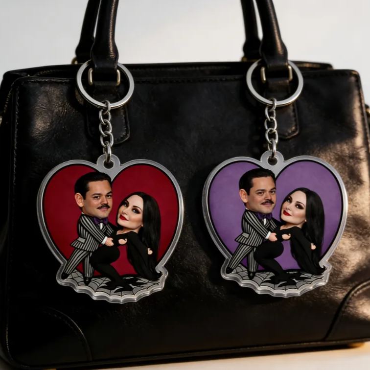 Personalized Gothic Cartoon Hearts Background Keychain Custom Photo Playfully Dark Holiday Gift