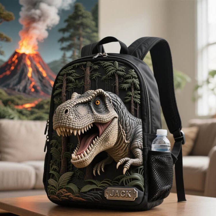 Personalized Cool Dinosaur Theme Custom Name Realistic T Rex Jungle Adventure Kids Backpack