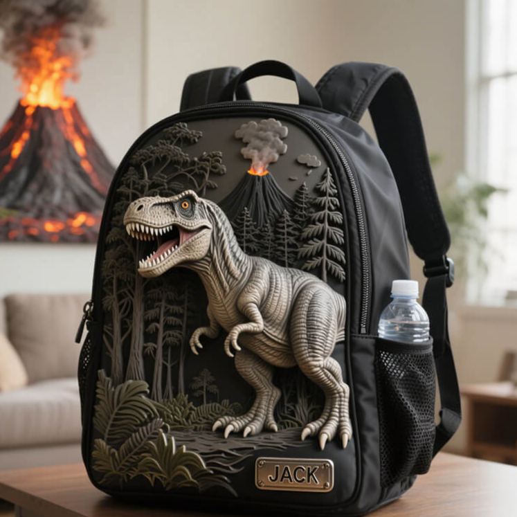 Personalized Cool Dinosaur Theme Custom Name Realistic T Rex Jungle Adventure Kids Backpack