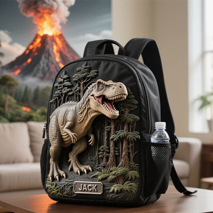 Personalized Cool Dinosaur Theme Custom Name Realistic T Rex Jungle Adventure Kids Backpack