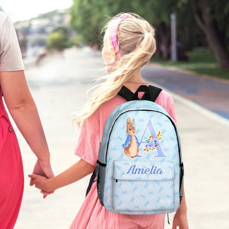 Personalized Peter Rabbit Coquette Bow Flower Initial Large Capacity School Backpack with Name Daily Travel Back to School Birthday Gift for Kids
