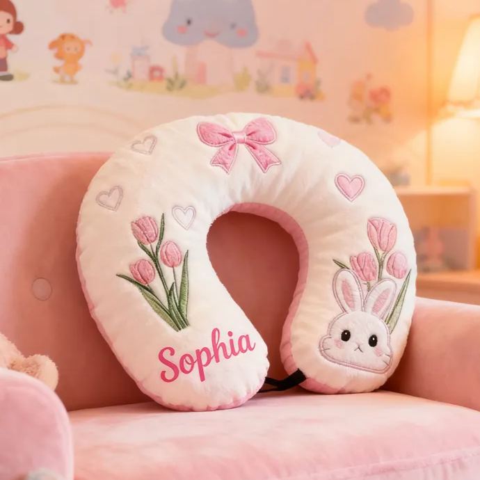 Personalized Cute Bunny U-Shaped Pillow with Custom Name for Kids Birthday Gift for Kids