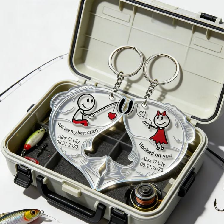Personalized Fishing for Love Couple Keychain Engraved Keychain Metaphorical Holiday Gift for Partners